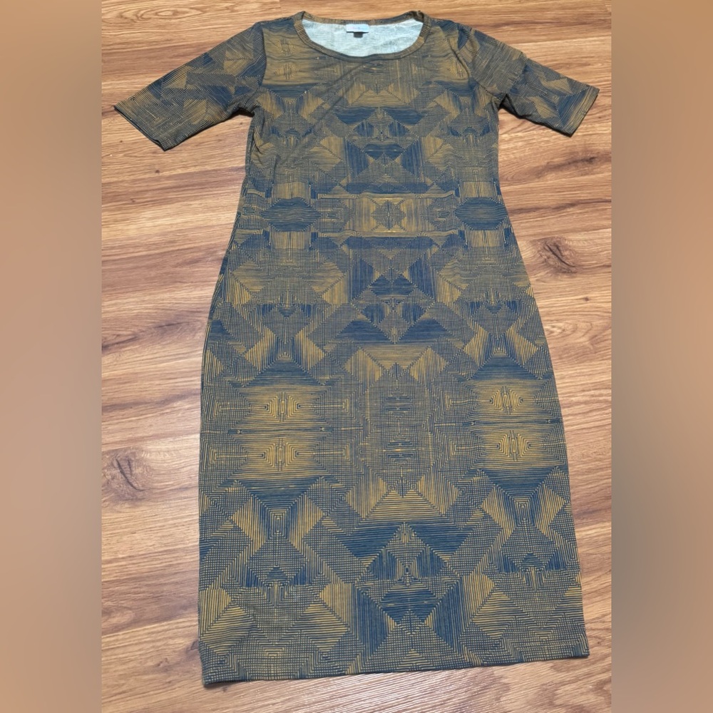 LuLaRoe Blue and Gold Geometric Midi Dress